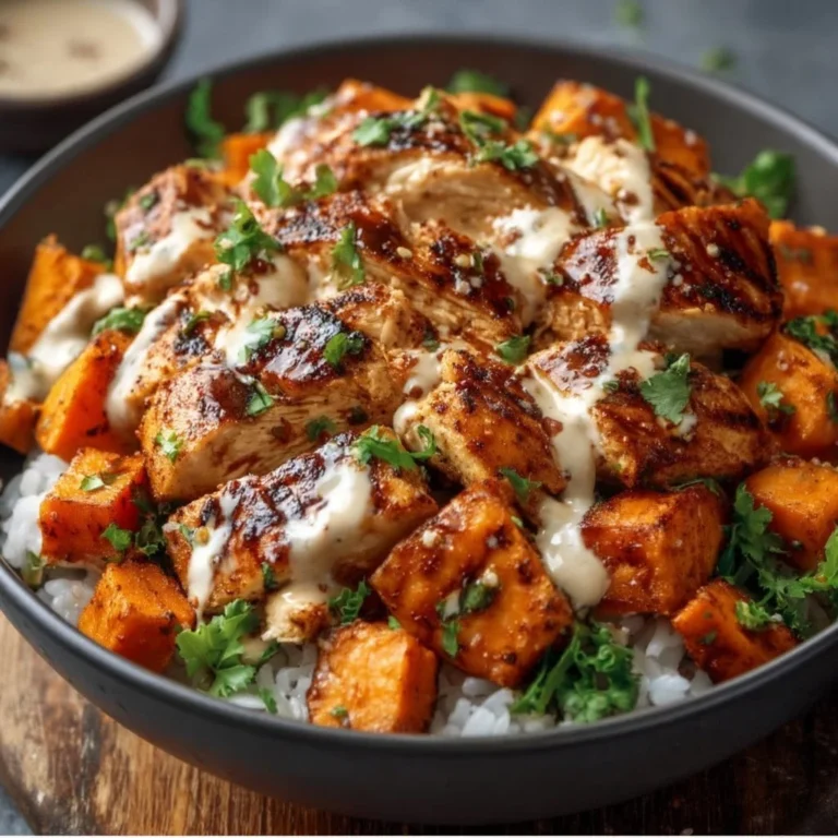 Hühnchen Süßkartoffel-Reisschüssel mit frischem Gemüse und Reis