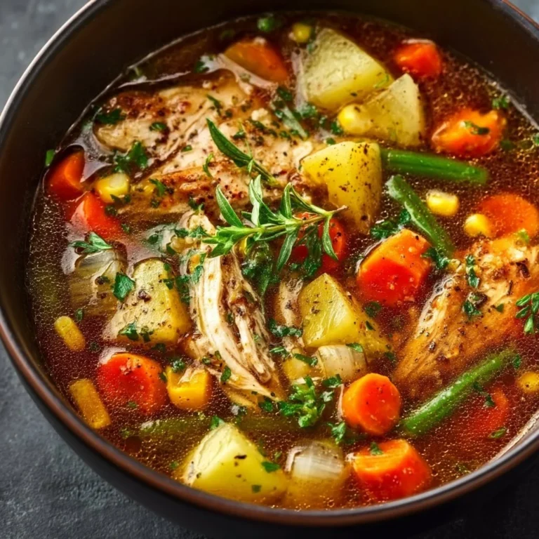 Hühnersuppe mit frischem Gemüse in einer Schüssel serviert.