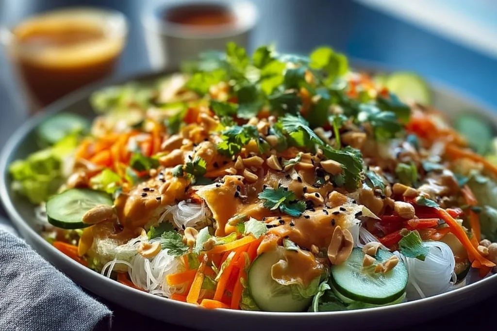 Knuspriger Frühlingsrollen Salat mit Erdnussdressing auf einem Teller serviert