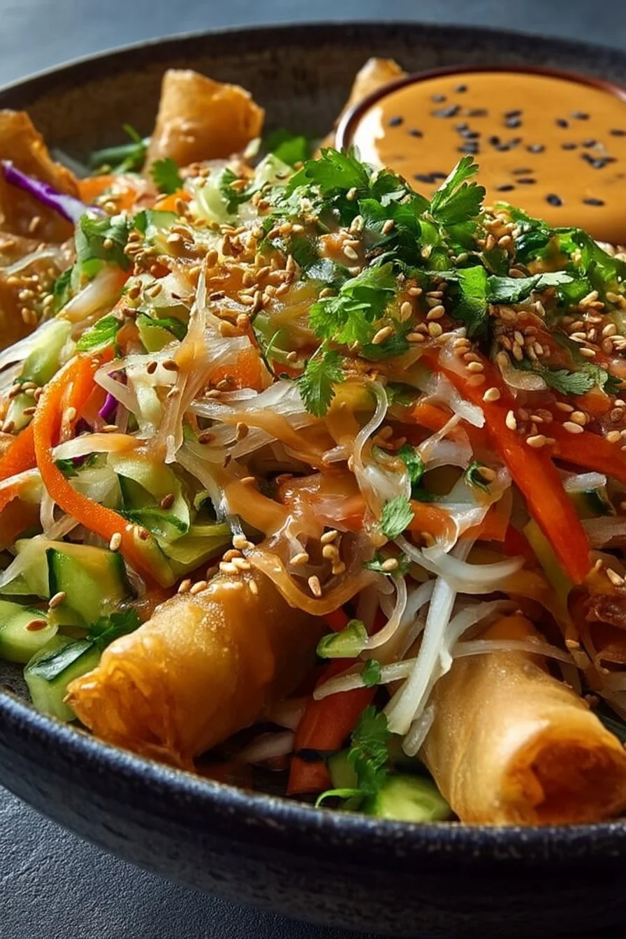 Knuspriger Frühlingsrollen-Salat mit cremigem Erdnussdressing