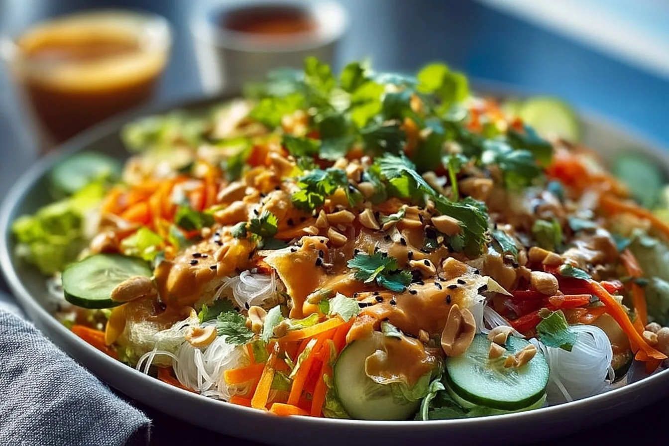 Knuspriger Frühlingsrollen-Salat mit cremigem Erdnussdressing