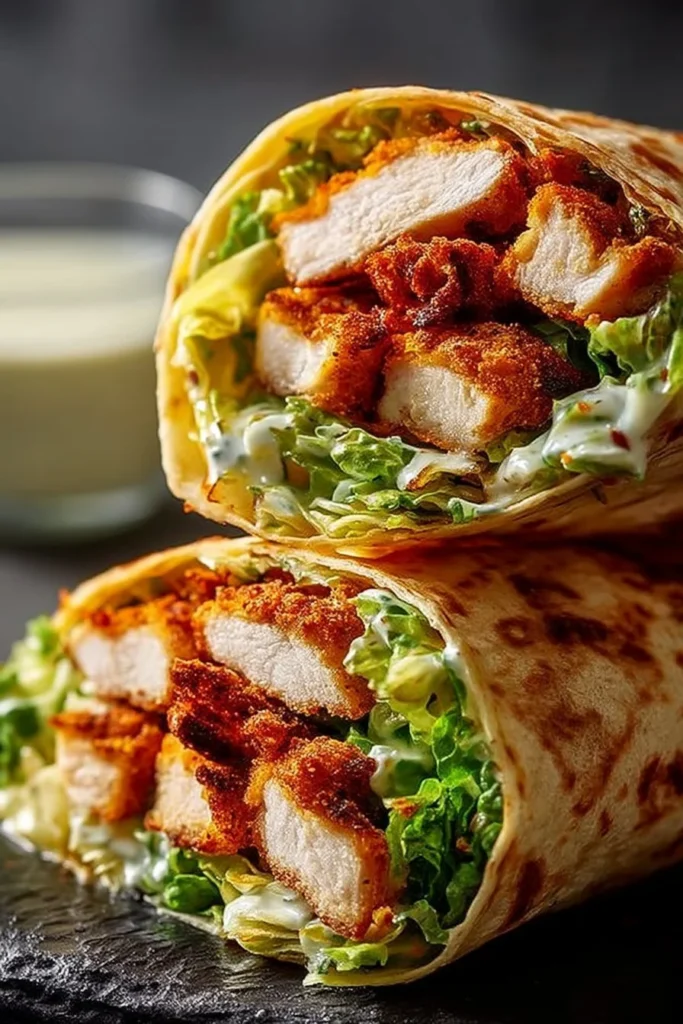 Knuspriger Hähnchen-Caesar-Wrap mit frischem Gemüse und Dressing