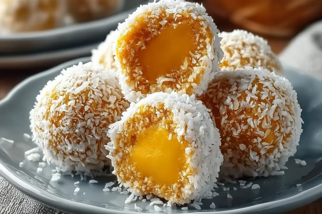 Köstliche Kokos-Mango Bällchen auf einem Teller serviert