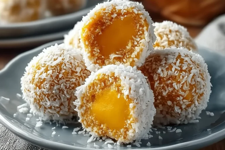 Köstliche Kokos-Mango Bällchen auf einem Teller serviert