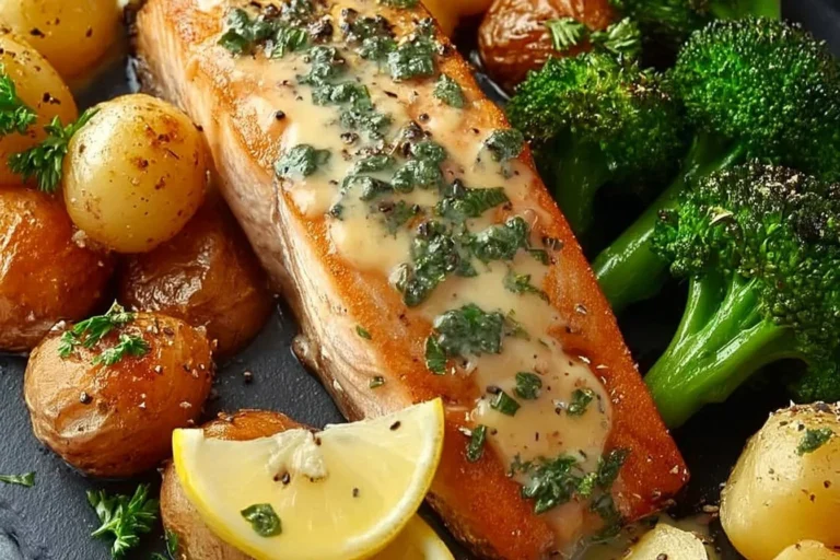 Lemon Garlic Salmon mit knusprigen Rösti auf einem Teller serviert.