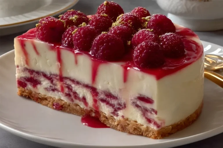No Bake Himbeerkäsekuchen mit frischen Himbeeren und cremiger Käsefüllung