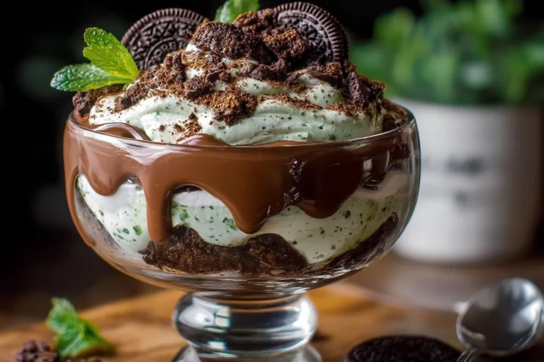 Oreo-Trifle mit Minze, Creme und Schokoladenkeksen in einer eleganten Schüssel