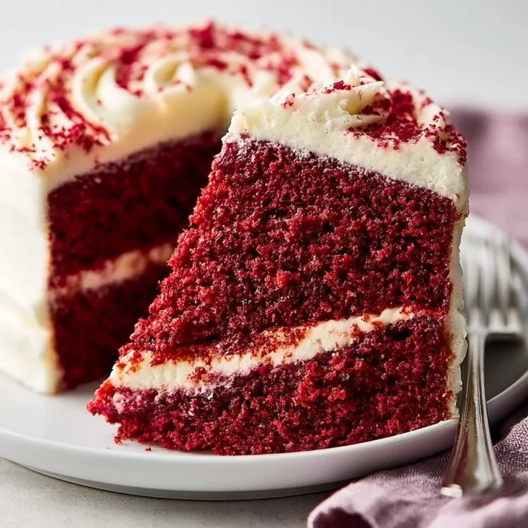 Roter Samtkuchen auf einem Teller, verziert mit Sahne und Beeren.