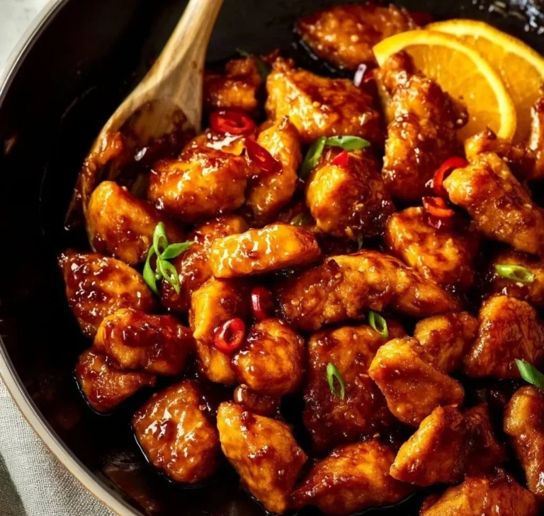 Schnelles Orangensauce-Hühnchen mit frischen Zutaten auf dem Teller angerichtet