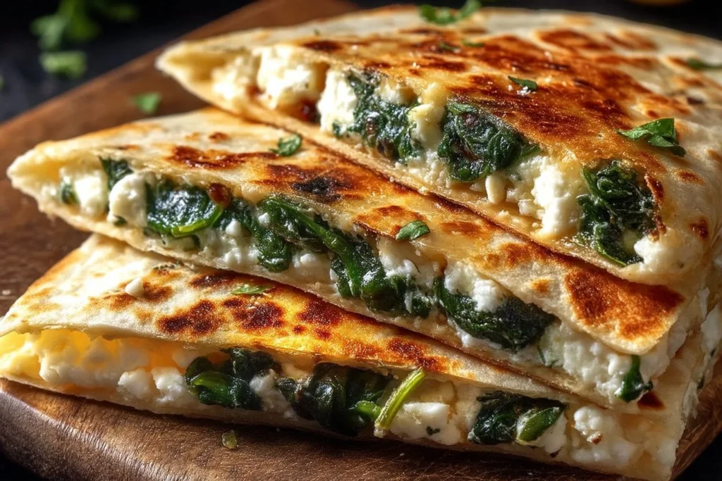 Spinat-Feta-Quesadillas auf einem Teller mit frischen Zutaten.
