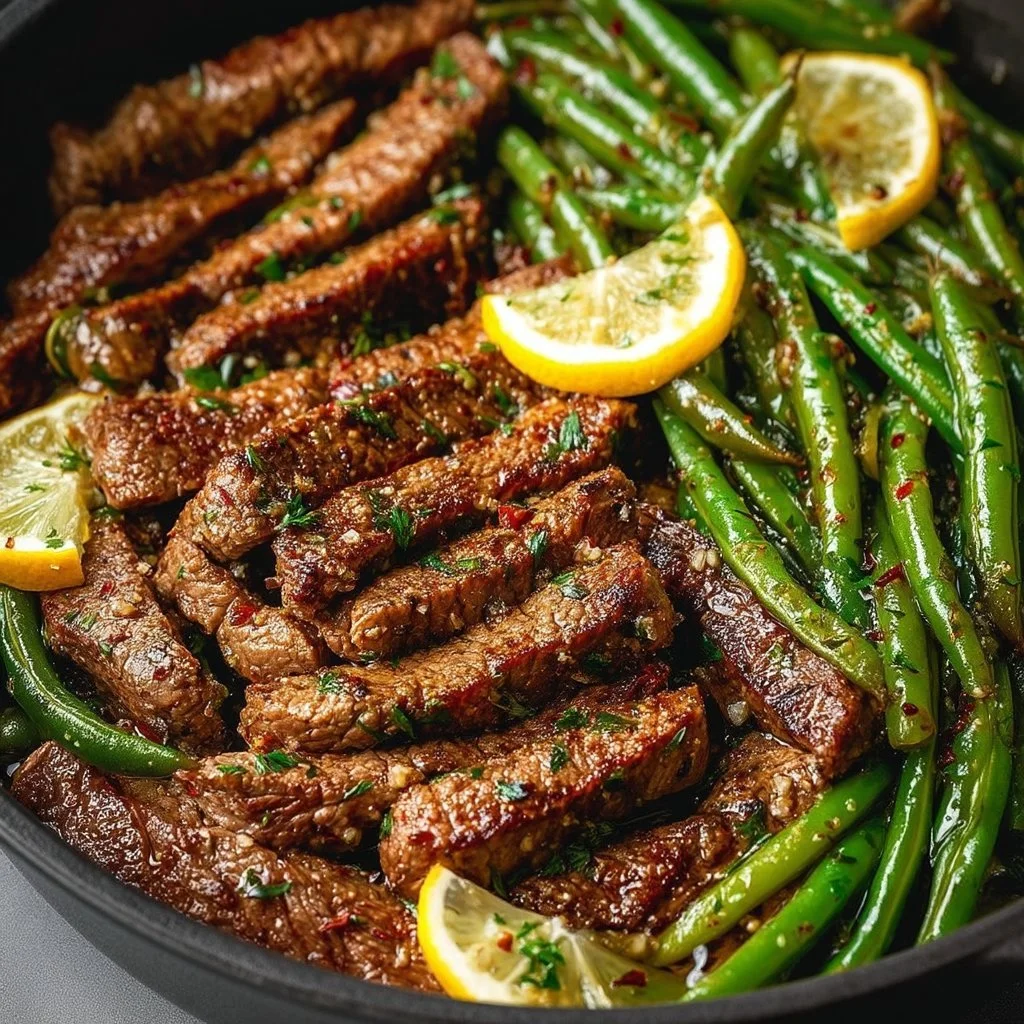 Zartes Steak mit grünen Bohnen in Knoblauchbutter auf einem Teller