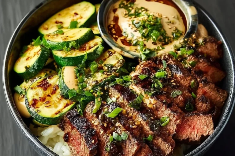 Leckere Steak-Schüssel mit perfekt gegrilltem Steak und frischen Beilagen