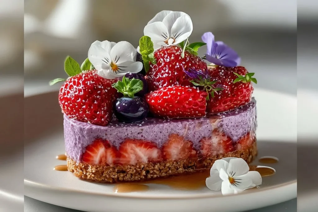 Zitronen-Himbeer-Dessert mit Hüttenkäse auf einem Teller dekoriert