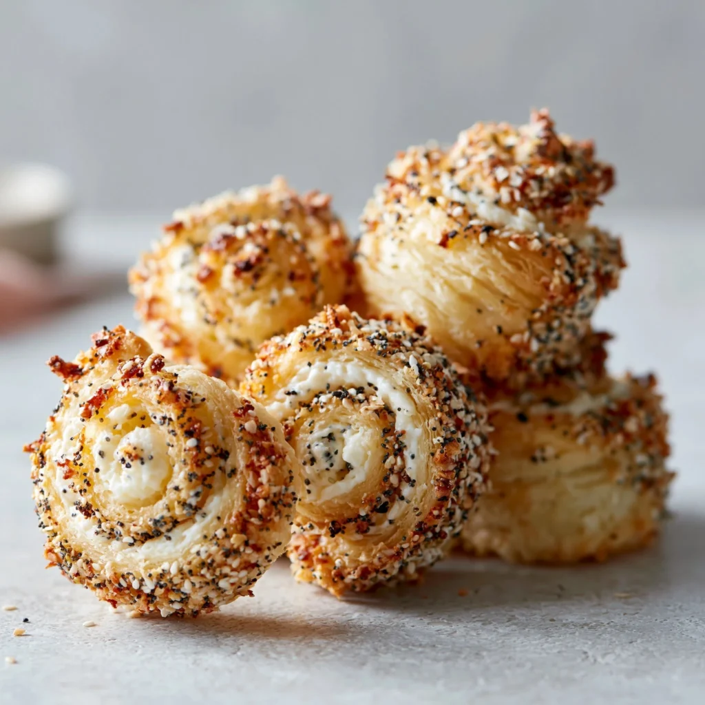Knusprige Airfryer Frischkäse-Spiralen mit Everything-Bagel-Gewürz auf einem Teller