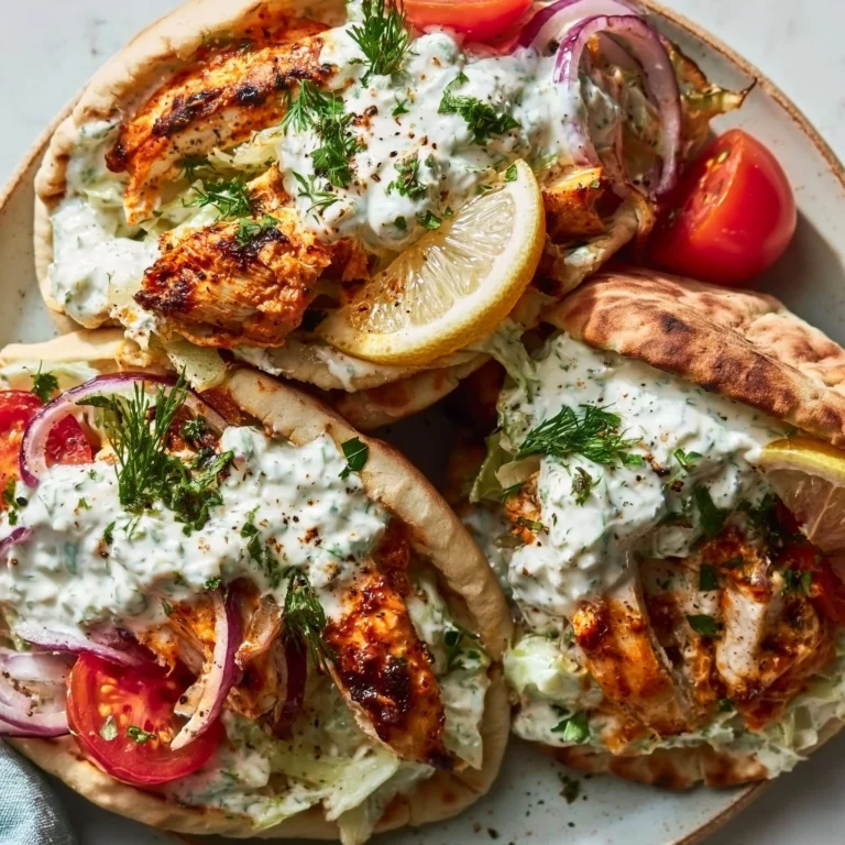 Backblech-Chicken-Pitas mit Kräuter-Ranch auf einem Teller serviert.