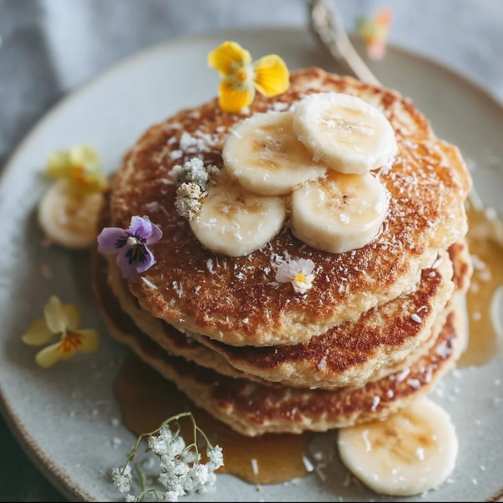 Bananen-Oat-Pfannkuchen auf einem Teller mit frischen Früchten