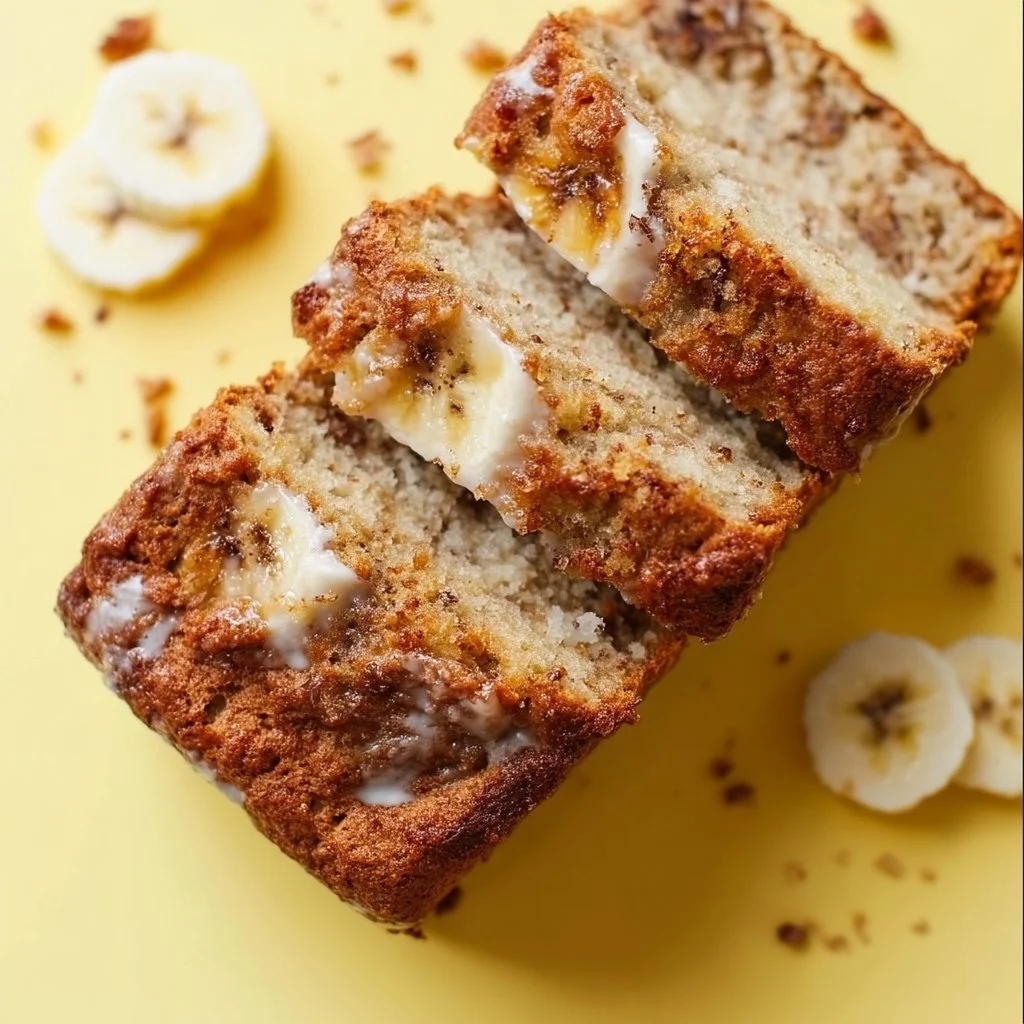 Saftiges Bananenbrot auf einem Holzbrett mit frischen Bananen