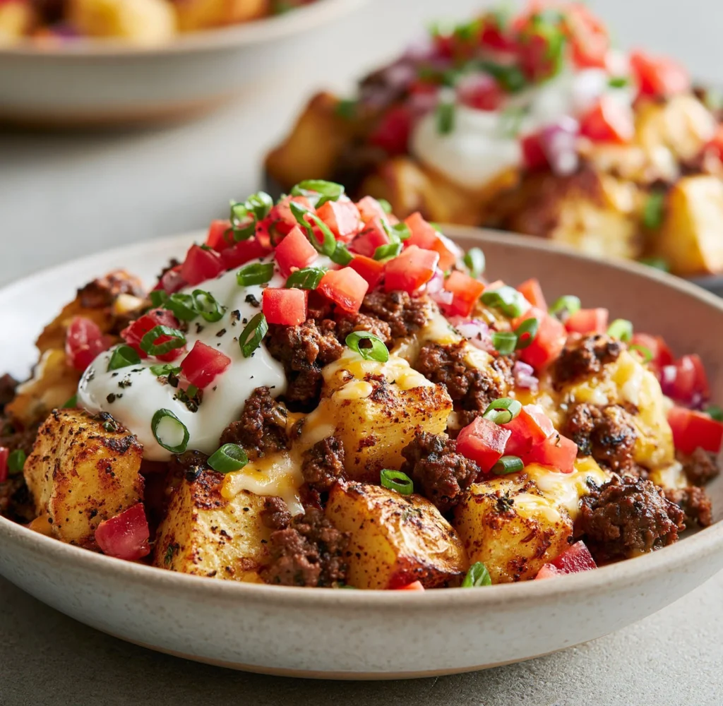 Beladene Kartoffel-Taco-Bowl mit frischen Zutaten und würzigen Toppings