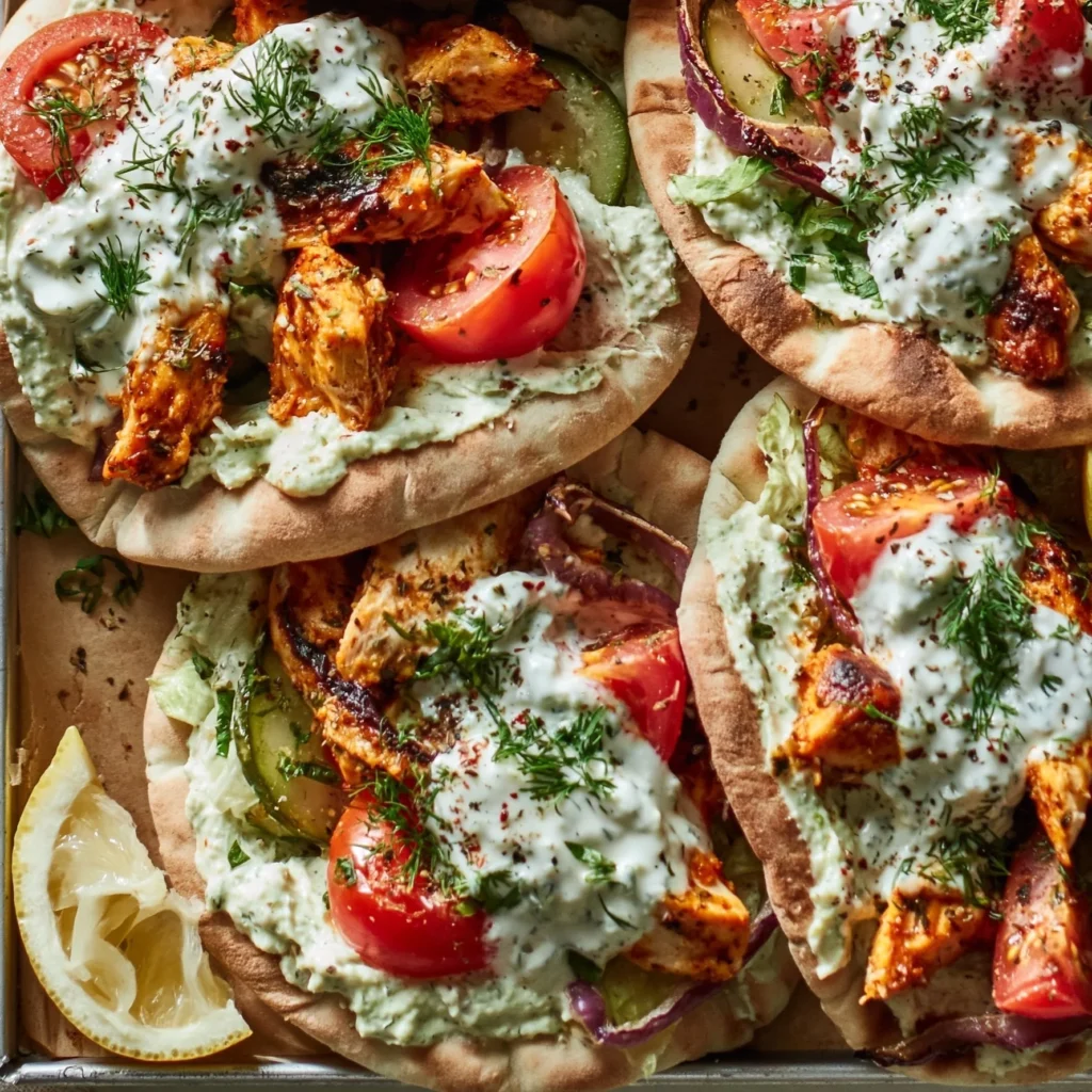 Blatt-Pfannen-Hähnchen-Pitas mit Kräuter-Ranch auf einem Teller serviert