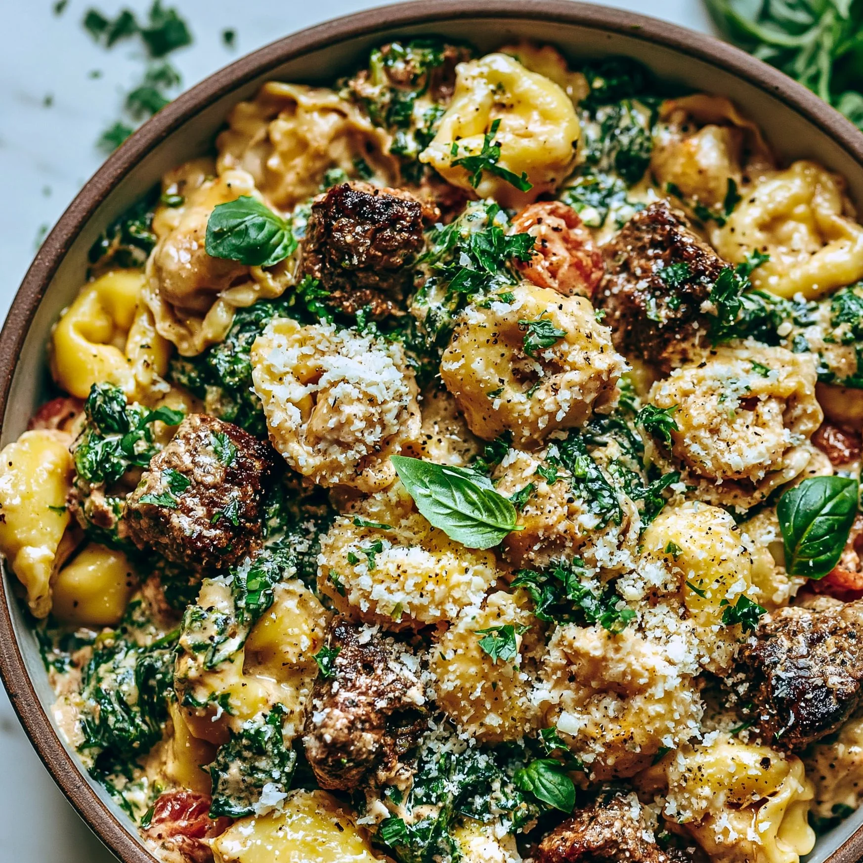 Cremige toskanische Spinat- und Steakbissen-Tortellini