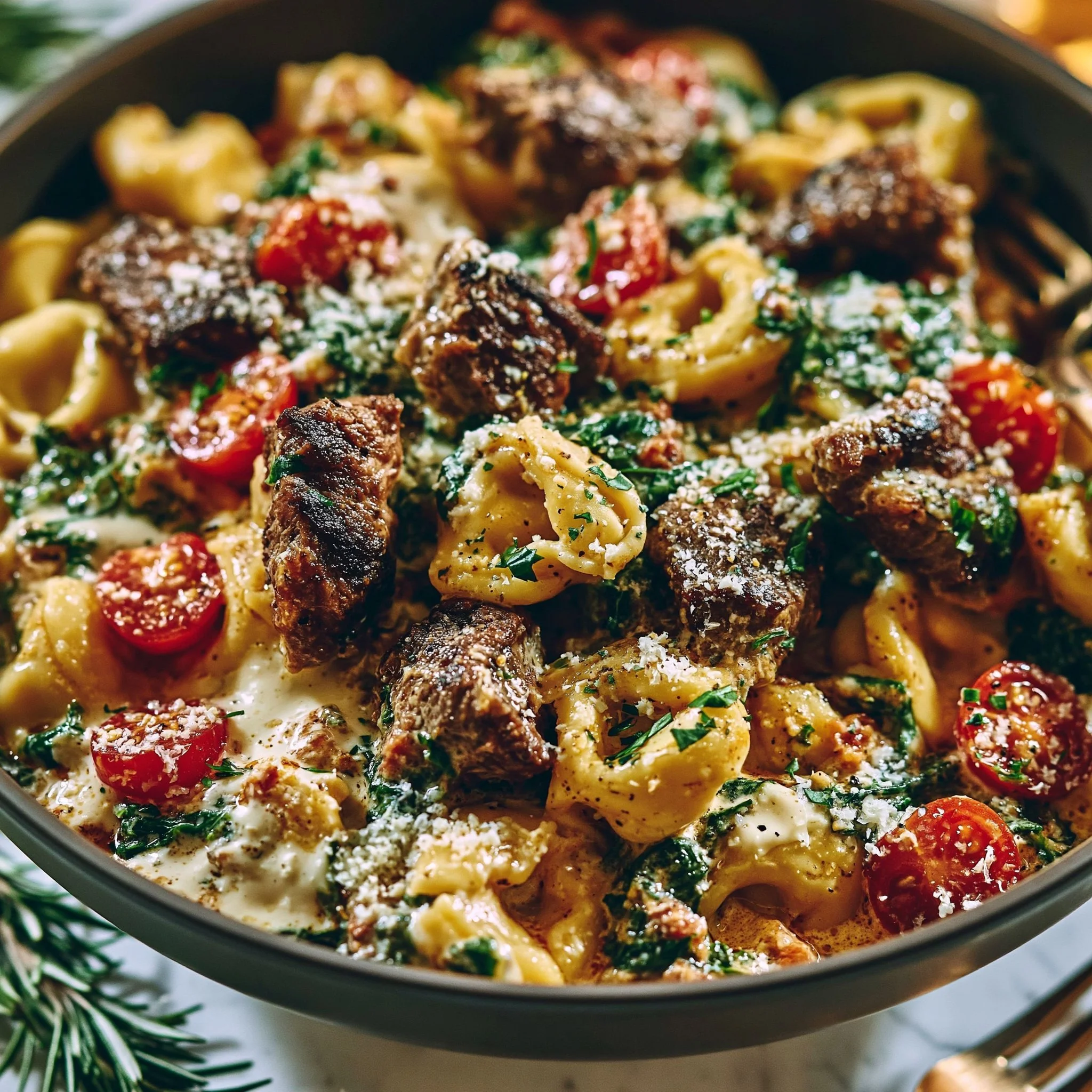 Cremige toskanische Spinat- und Steakbissen-Tortellini