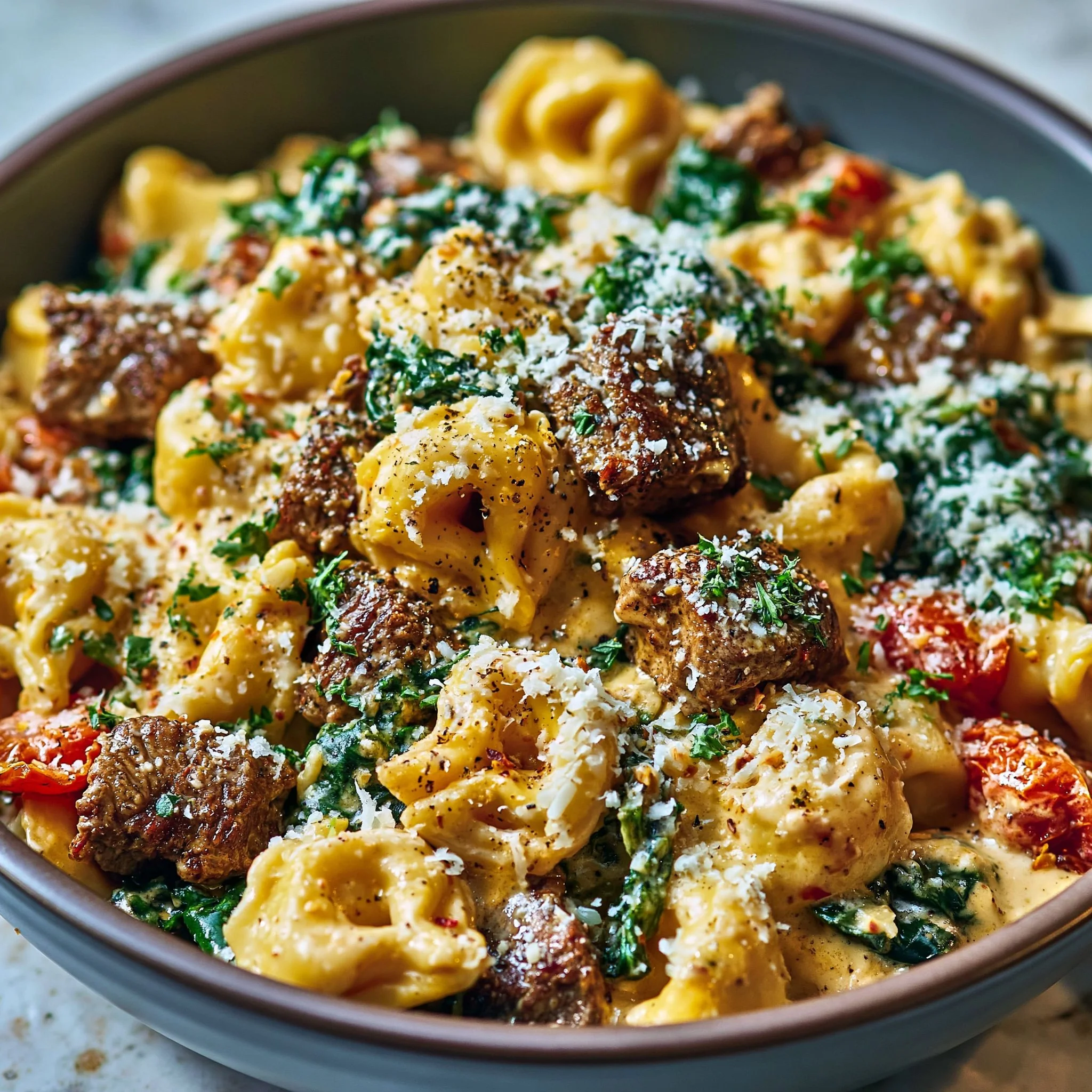 Cremige toskanische Steakbissen und Käse-Tortellini