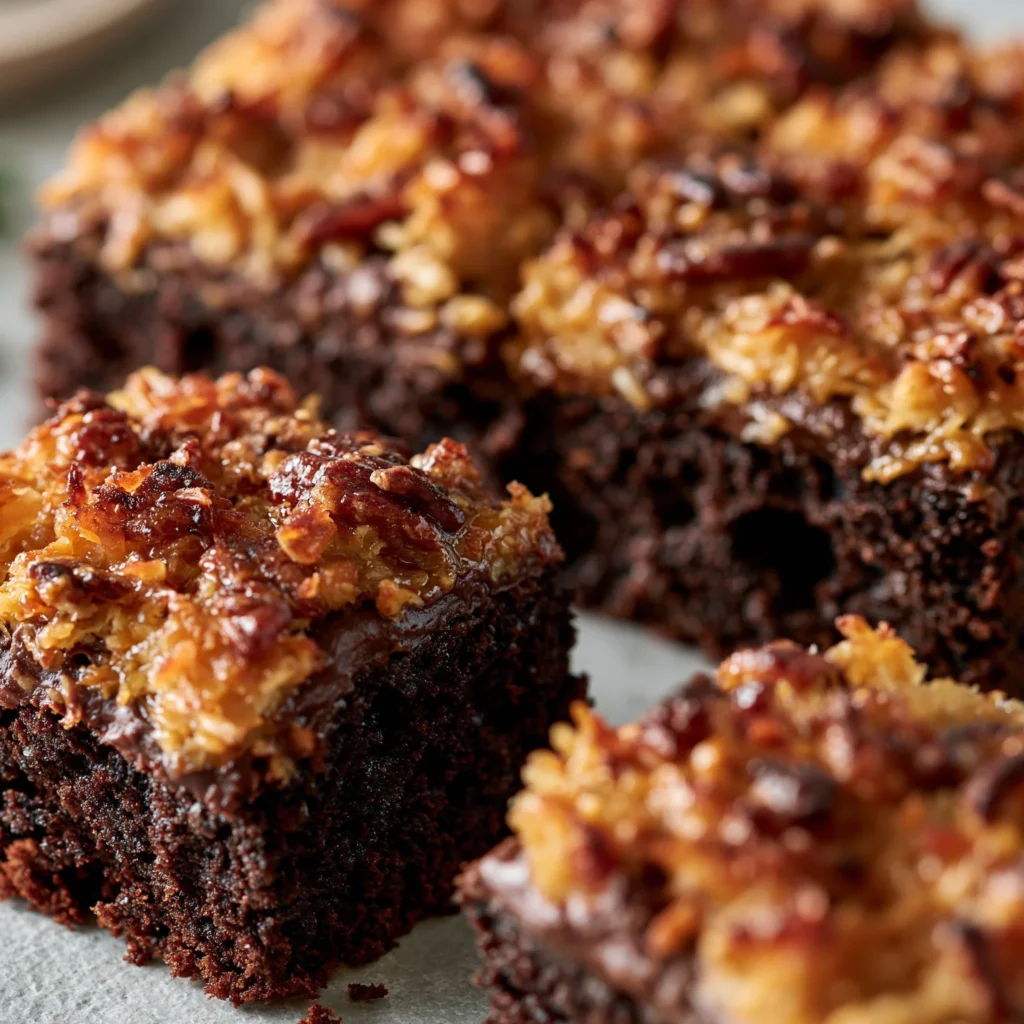 Deutscher Schokoladen Poke Kuchen mit cremiger Füllung und Schokoladenglasur