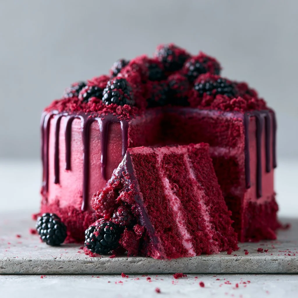 Dunkle Samt-Torte mit Brombeeren und elegantem Dekor auf einem Teller