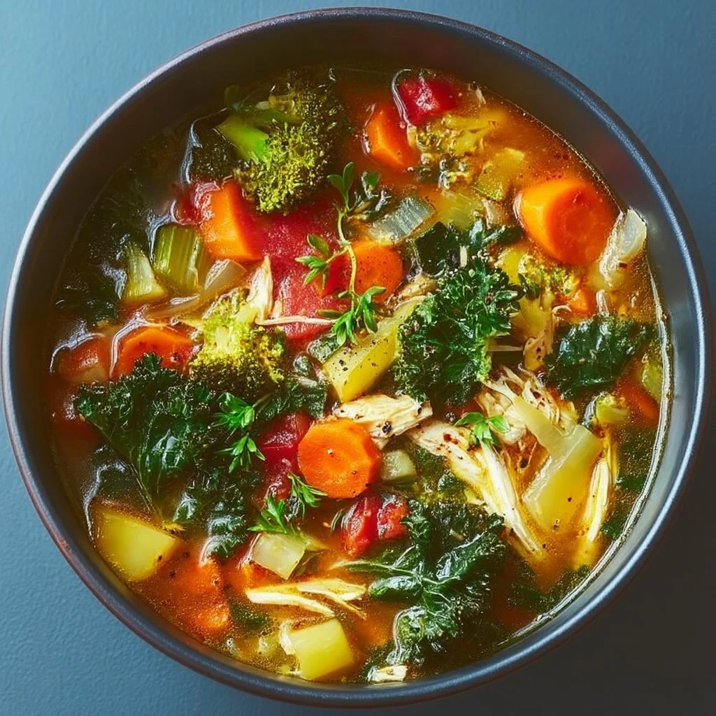 Schüssel mit frischer, bunter Gemüsesuppe auf einem Holztisch