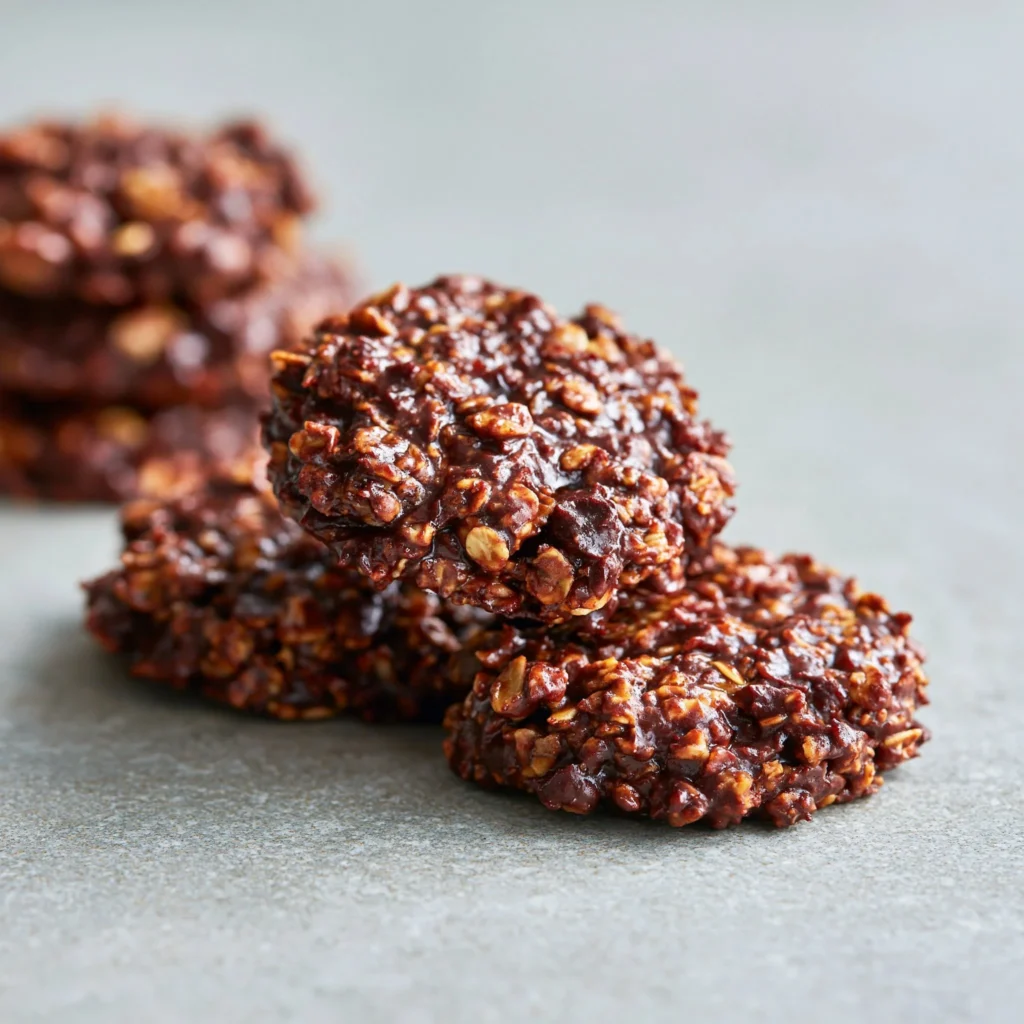 Gesunde No-Bake Kekse auf einem Teller, ideal für einen schnellen Snack.