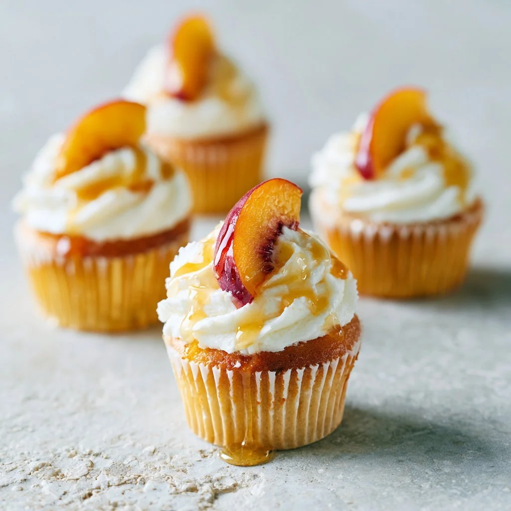 Honig-Pfirsich-Frischkäse-Cupcakes auf einem dekorativen Teller