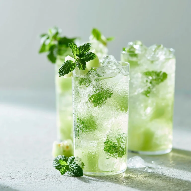 Erfrischender Honigmelonen-Minz-Eistee im Glas mit frischen Minzblättern