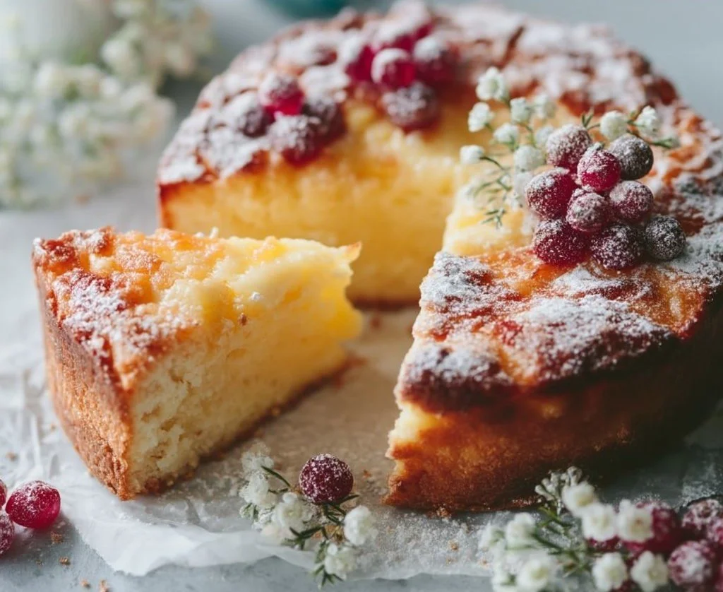 Ein saftiger Joghurtkuchen auf einem Teller, dekoriert mit frischen Beeren
