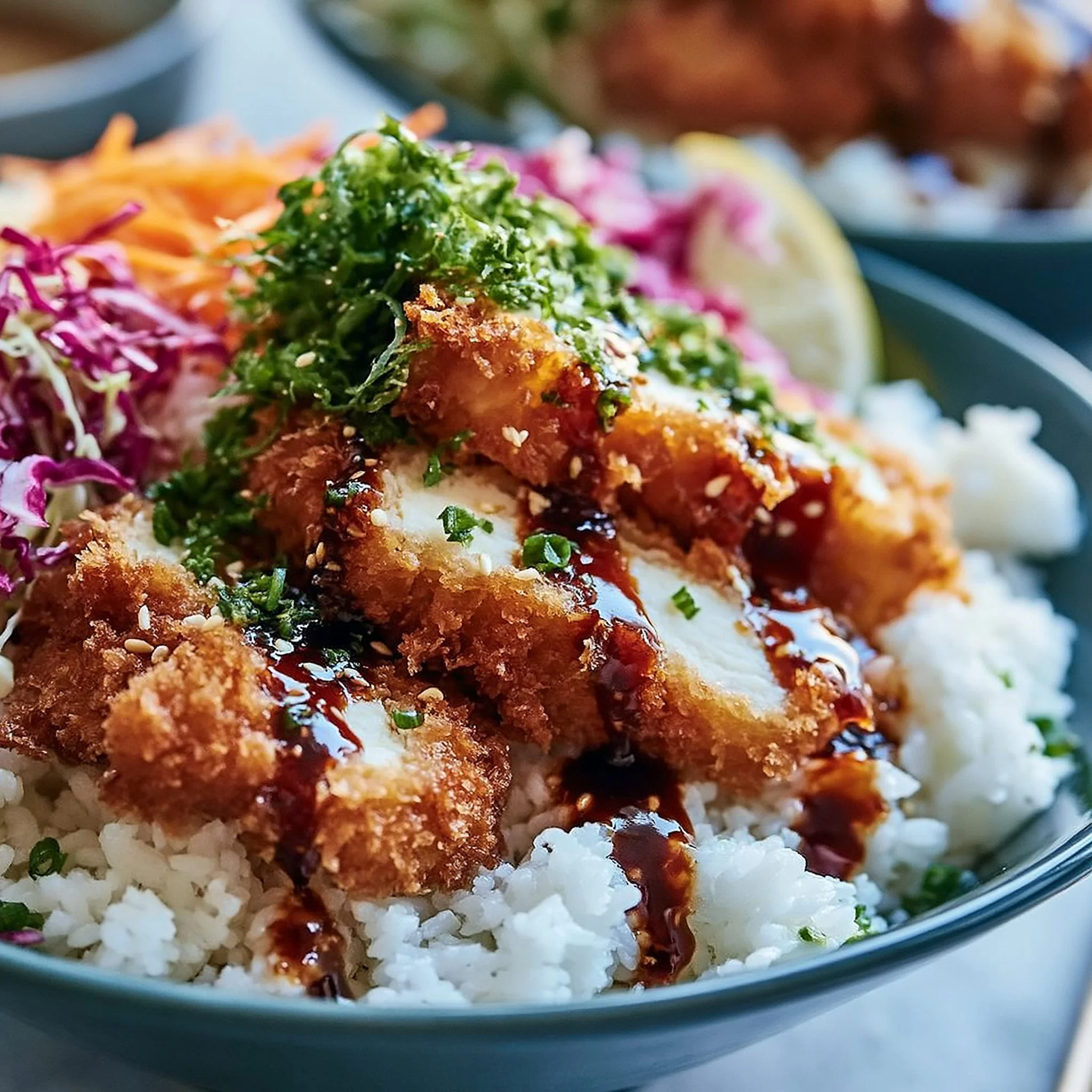 Japanische Katsu-Schüsseln mit Tonkatsu-Sauce