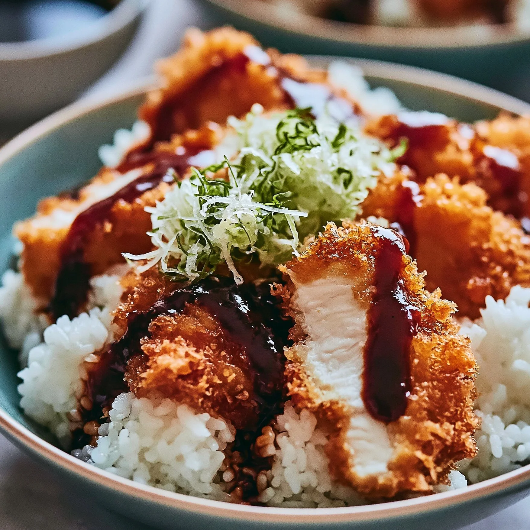 Japanische Katsu-Schüsseln mit Tonkatsu-Sauce