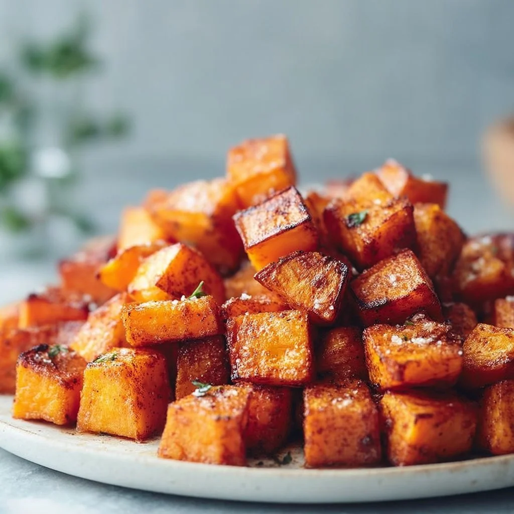 Knusprige Süßkartoffelwürfel auf einem Blech, bereit zum Rösten.