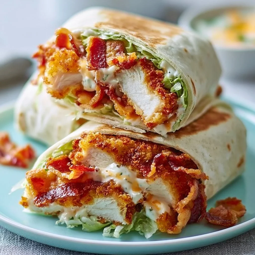 Knuspriger Hähnchen-Bacon-Ranch-Wrap mit frischen Zutaten und Dressing