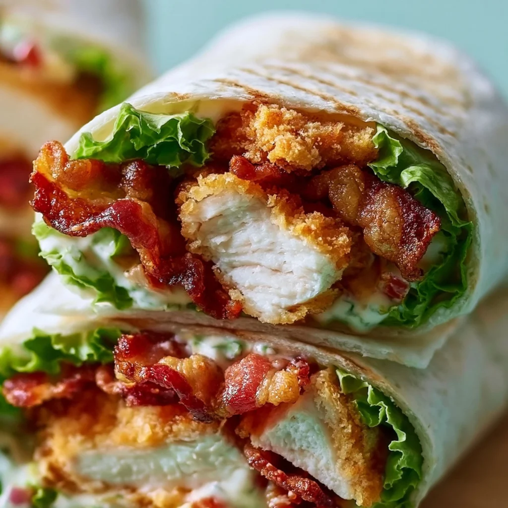 Knuspriger Hähnchen-Bacon-Wrap auf einem Teller mit Ranch-Dressing