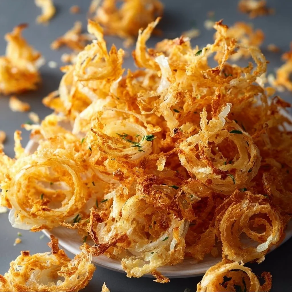 Luftgebratene Zwiebelringe im Airfryer, knusprig und goldbraun zubereitet.