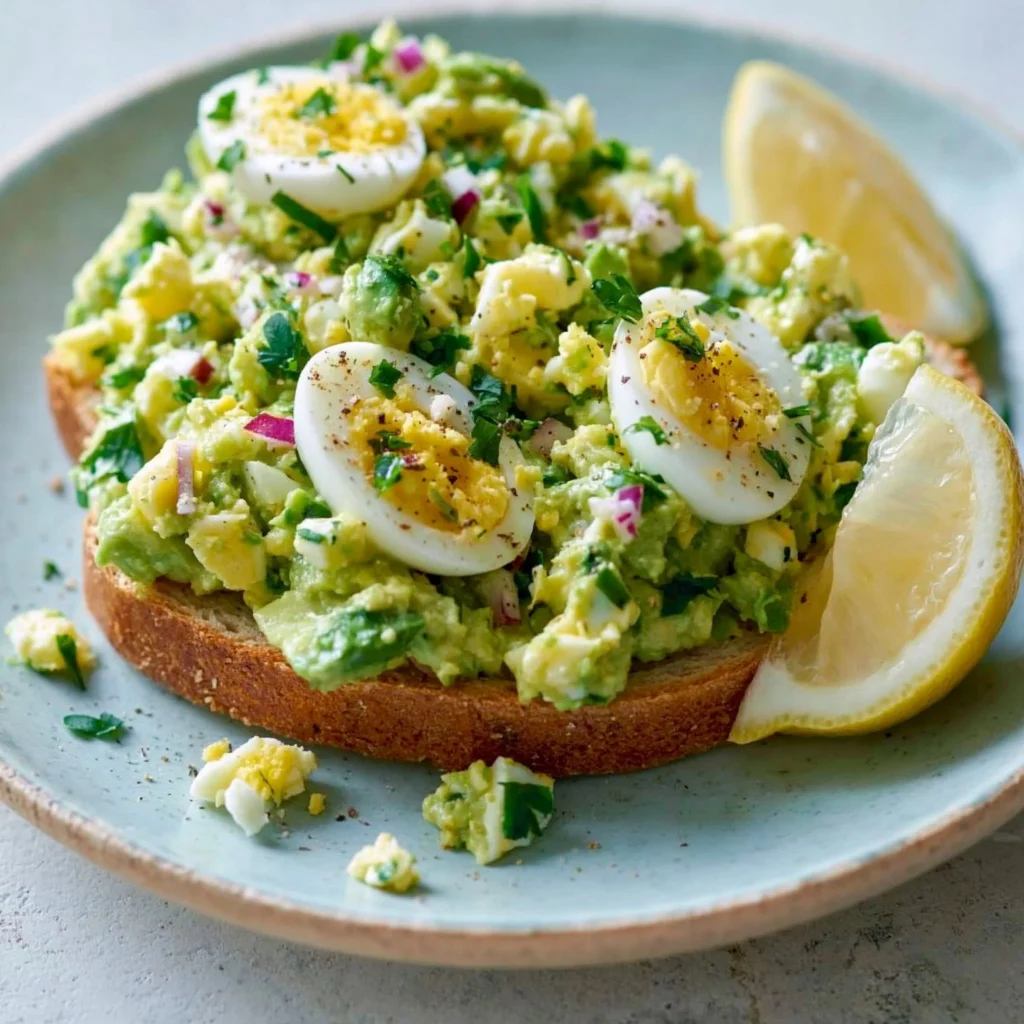 Mediterraner Avocado-Eiersalat auf einem Teller mit frischen Zutaten.