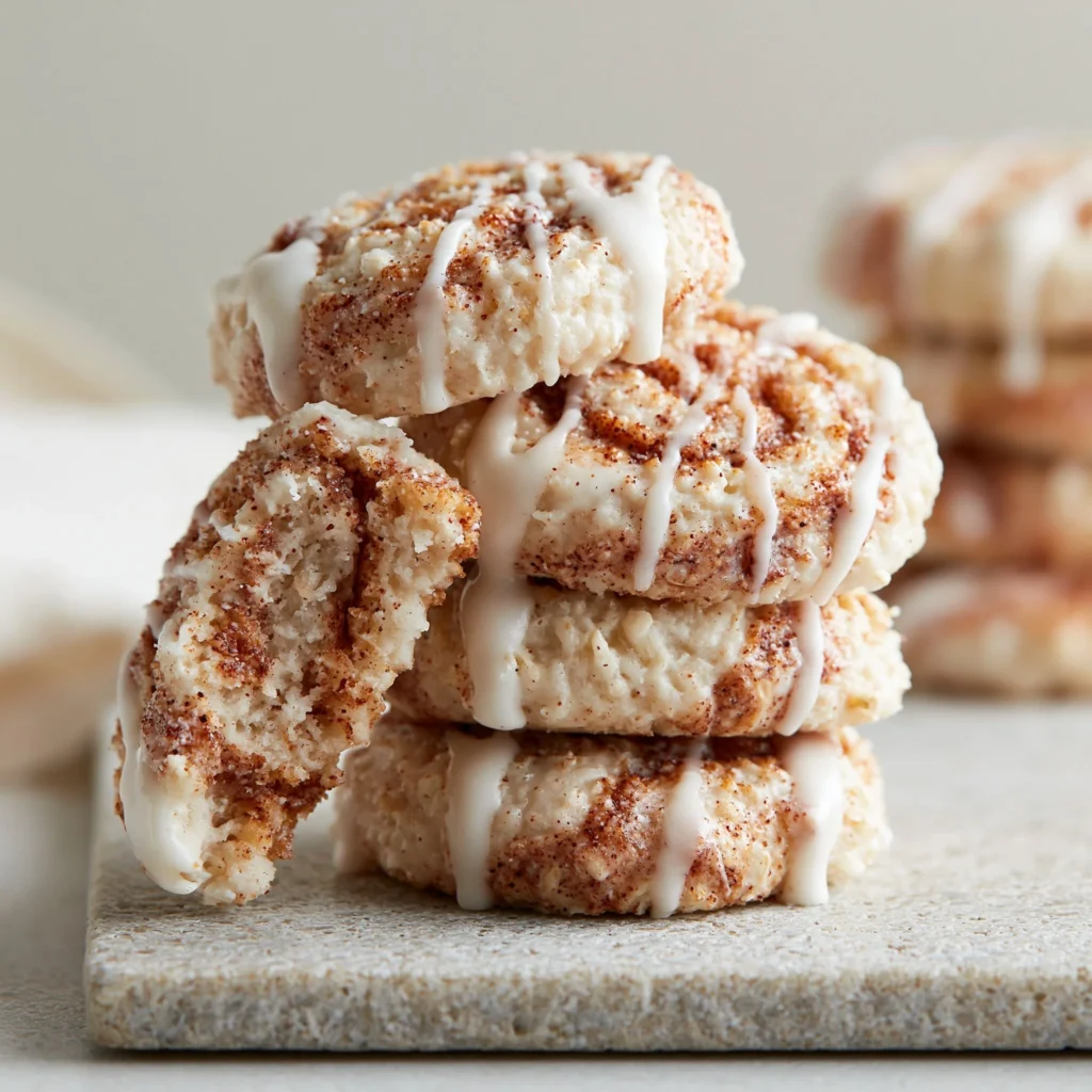 No-Bake Zimtschnecken-Kekse auf einem Teller mit Zimt-Streifen dekoriert