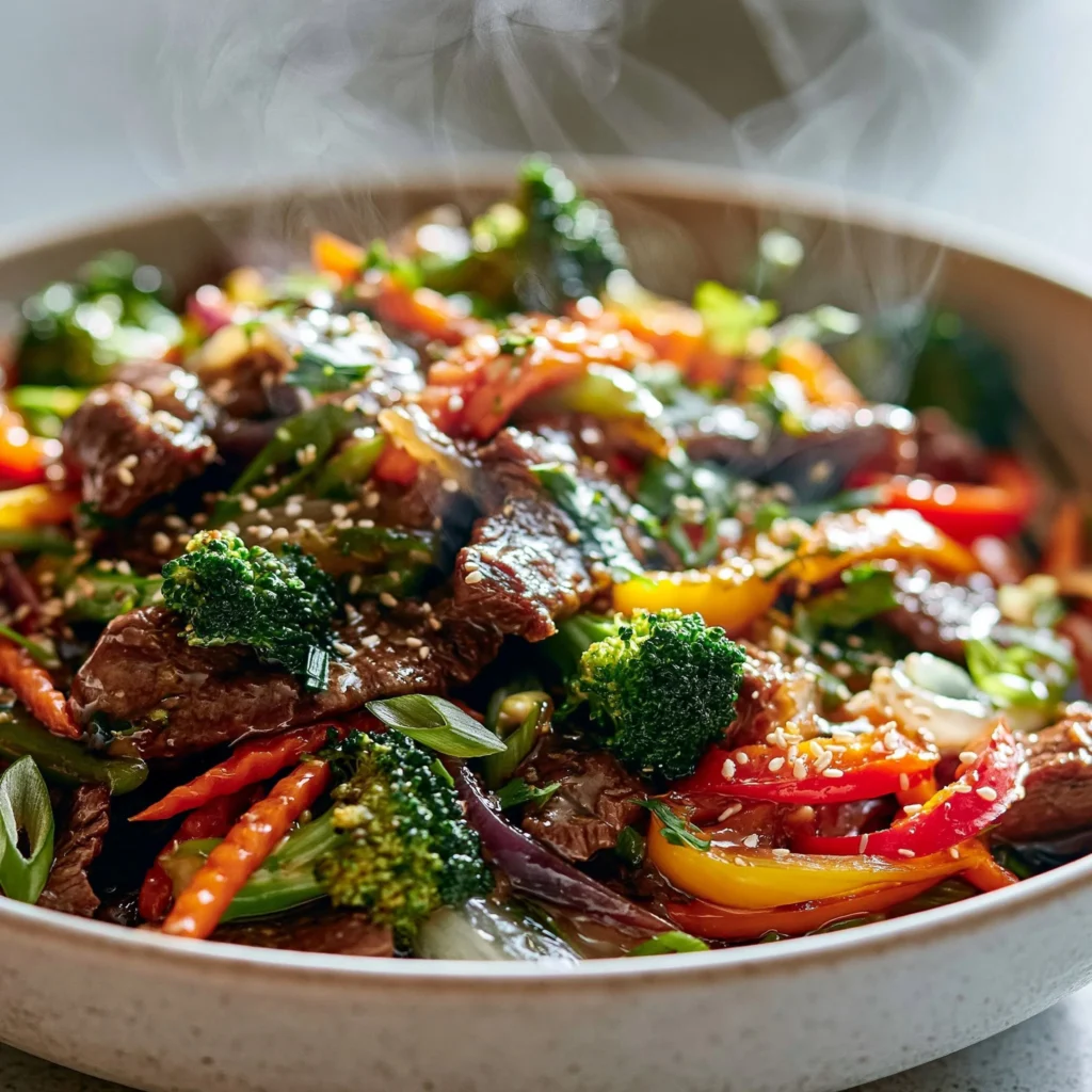 Rindfleisch Stir-Fry mit buntem Gemüse in einer Pfanne zubereitet