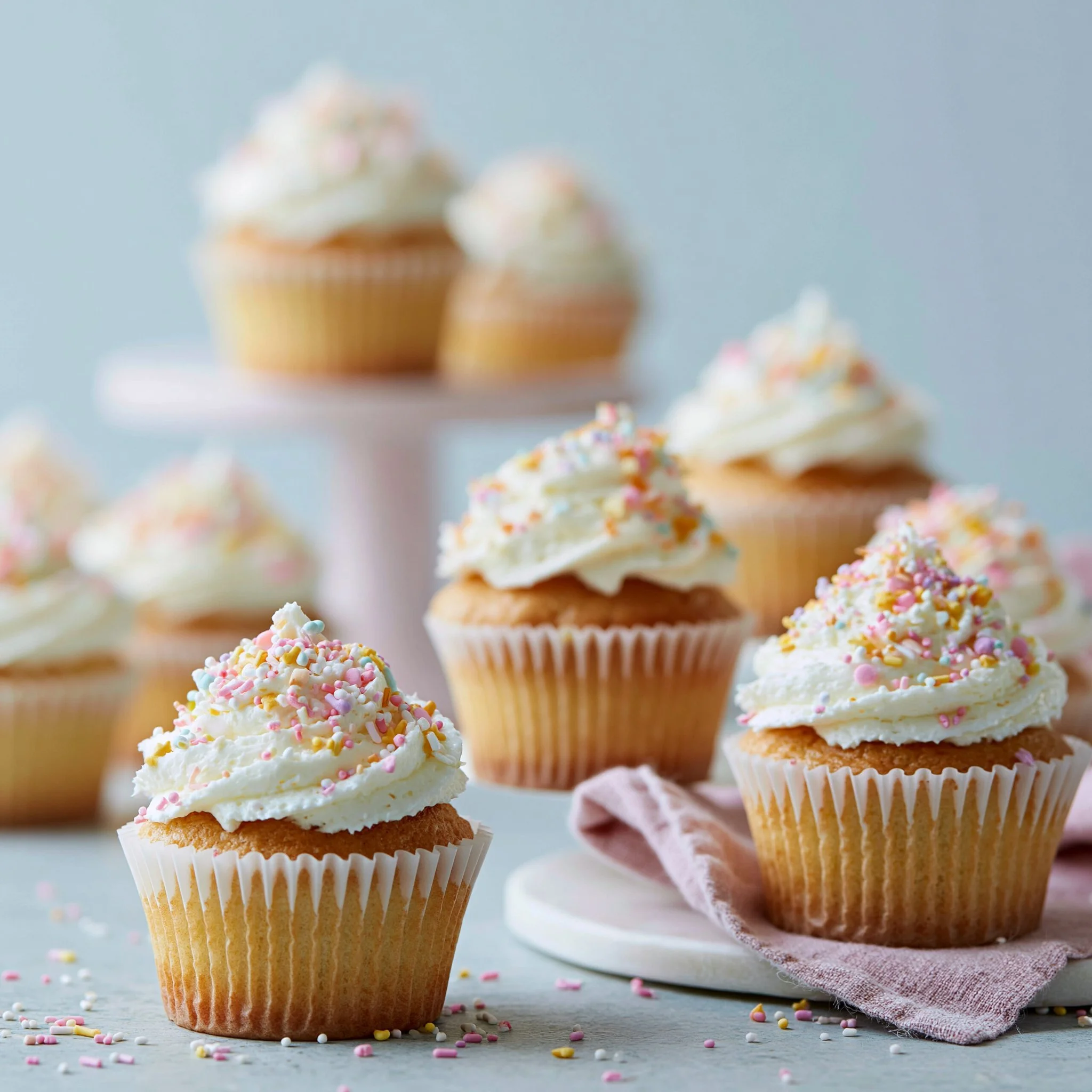 Einfache feuchte Vanillecupcakes mit Vanillefrosting