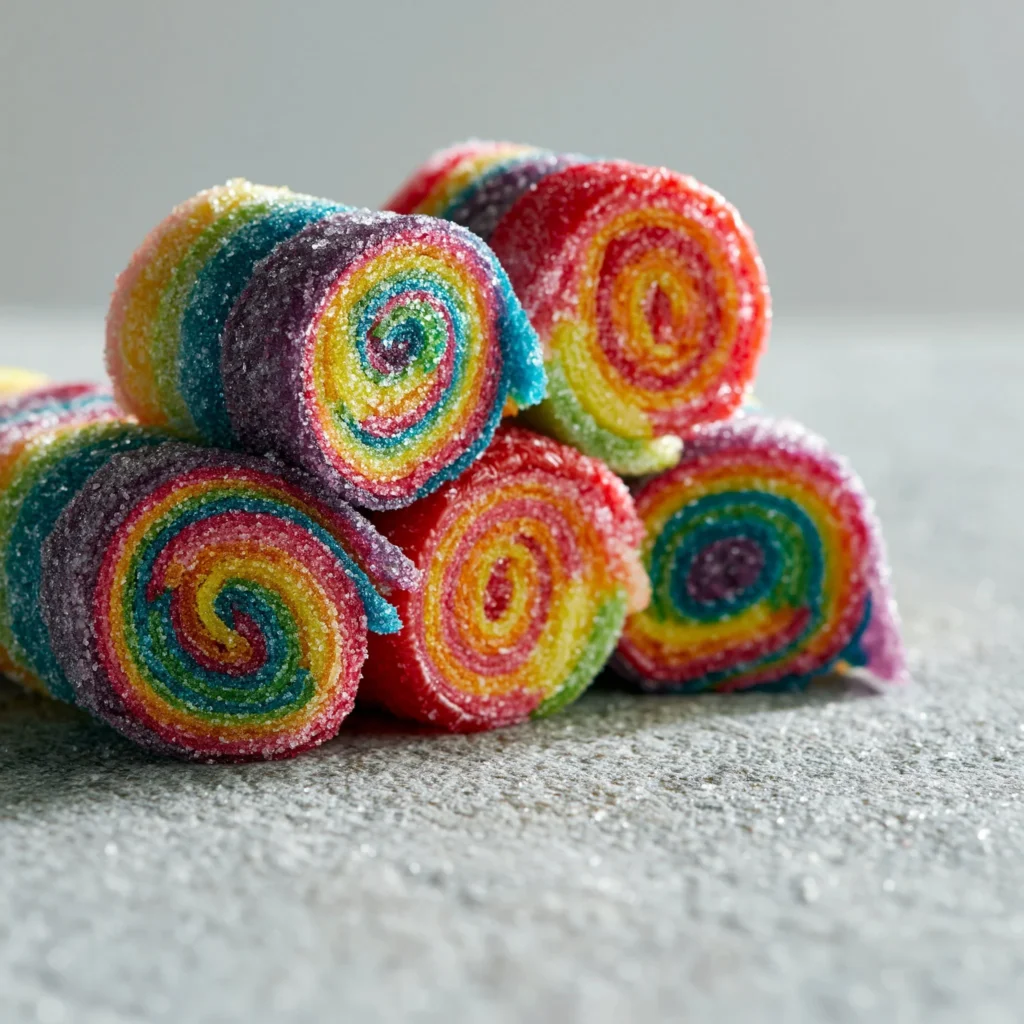 Süße und saure Wodka Roll-Ups in Regenbogenfarben