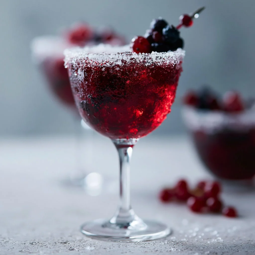 Vampirbuss Mocktail in einem dekorativen Glas mit gruseliger Dekoration