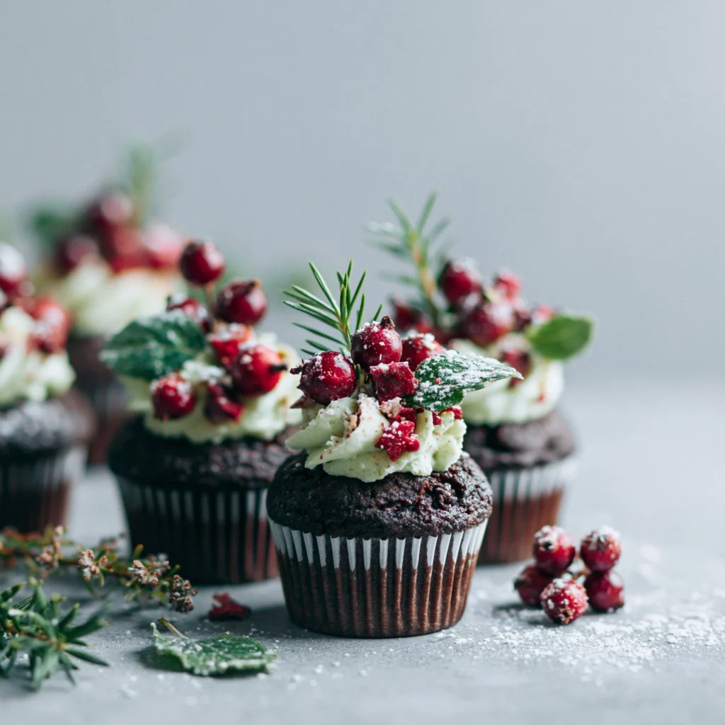 Weihnachts-Cupcakes mit Erdbeer-Santa-Hüten auf einem Dekoteller